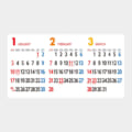 Three-month calendar (Jan–Mar) showing dates with Sundays in red and weekends in blue, laid out in three columns across a white card on a gray background.
