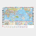 World map calendar poster with circular insets and flag-bordered edges, featuring monthly calendars along the bottom.